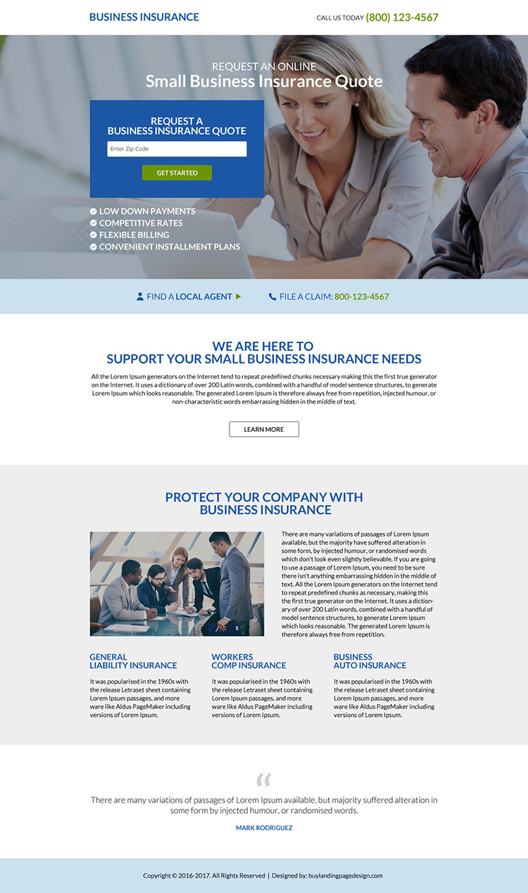 responsive business insurance minimal landing page