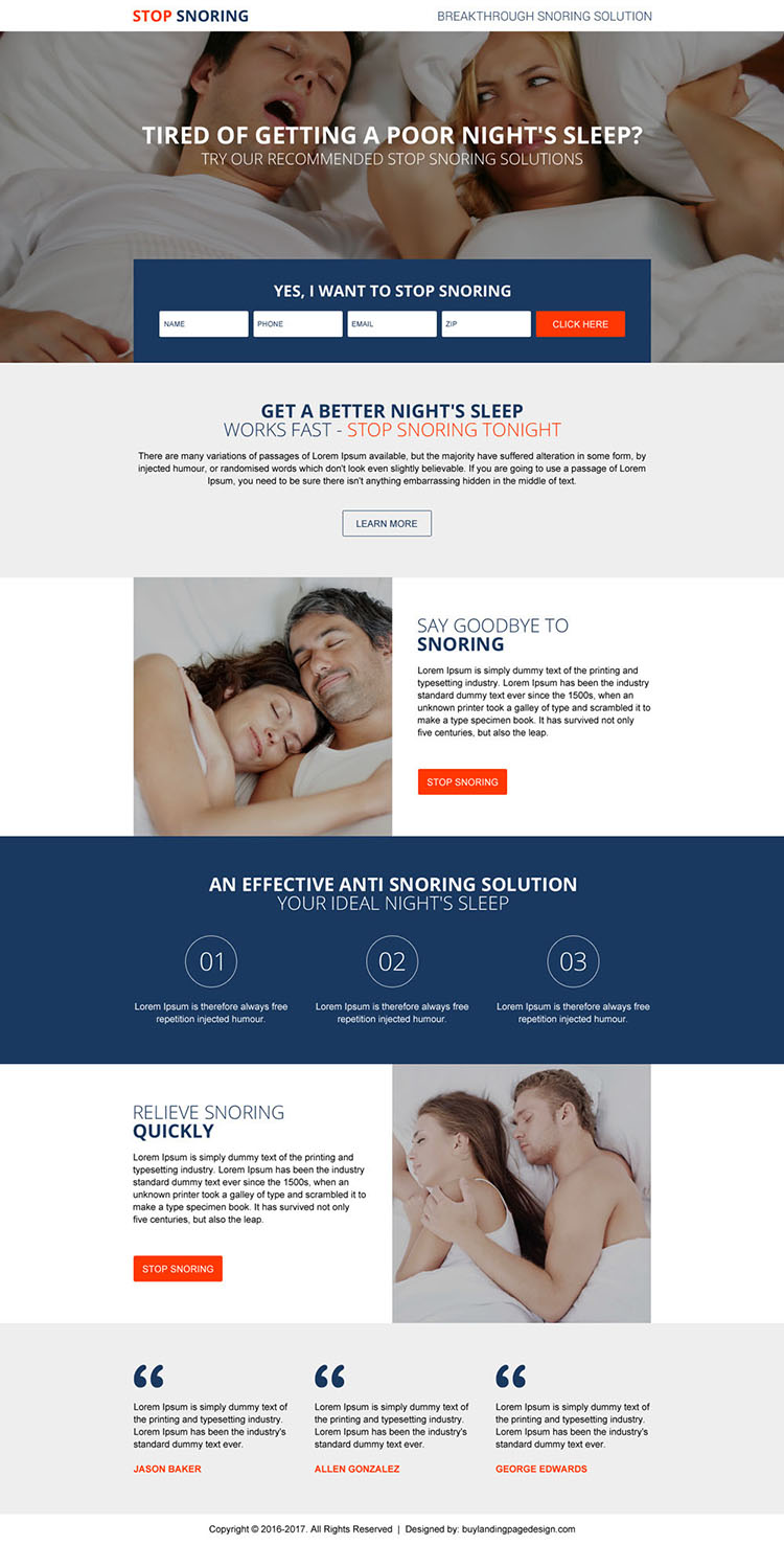 snoring solution modern layout lead gen converting landing page