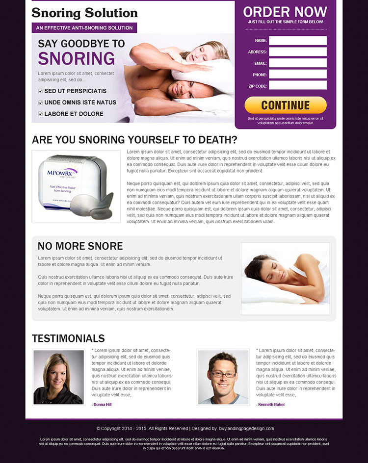 say goodbye to snoring effective and appealing anti snoring product order now landing page design