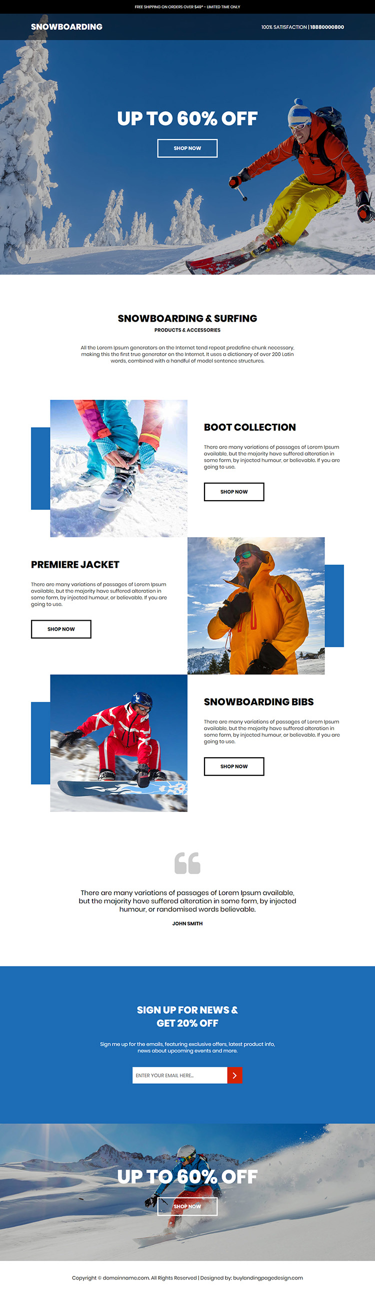 snowboarding products responsive ecommerce landing page design