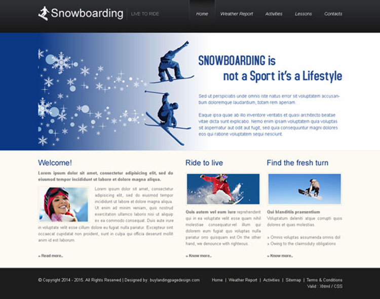 snowboarding clean and professional website template design psd