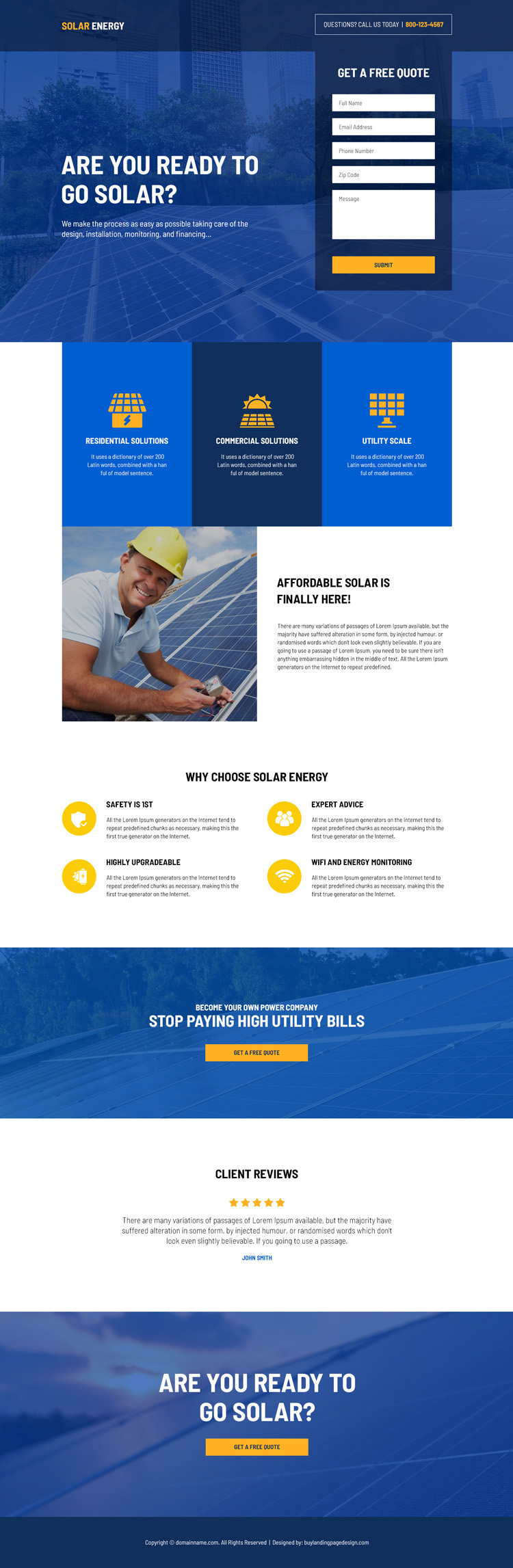 residential and commercial solar solutions responsive landing page