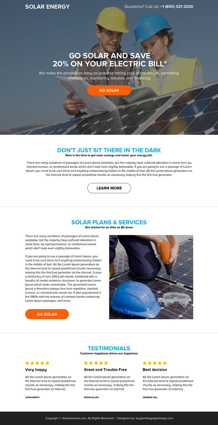 solar energy system responsive landing page design