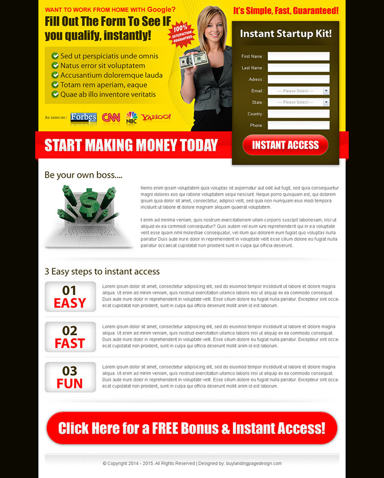 start making money today with our instant google money start up kit landing page design