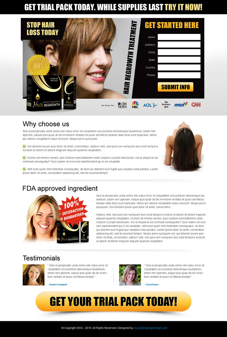 stop hair loss today product effective and converting free trail lead capture lander design