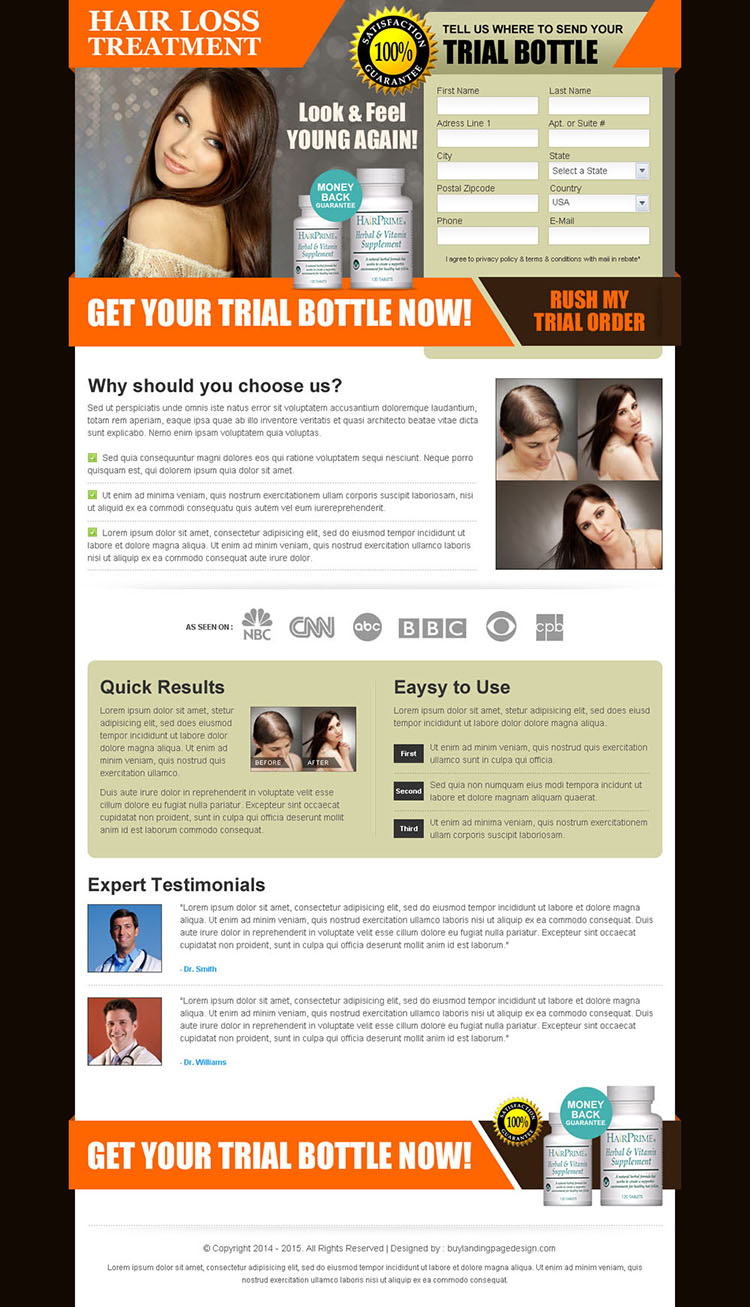 hair loss treatment product trial offer landing page design