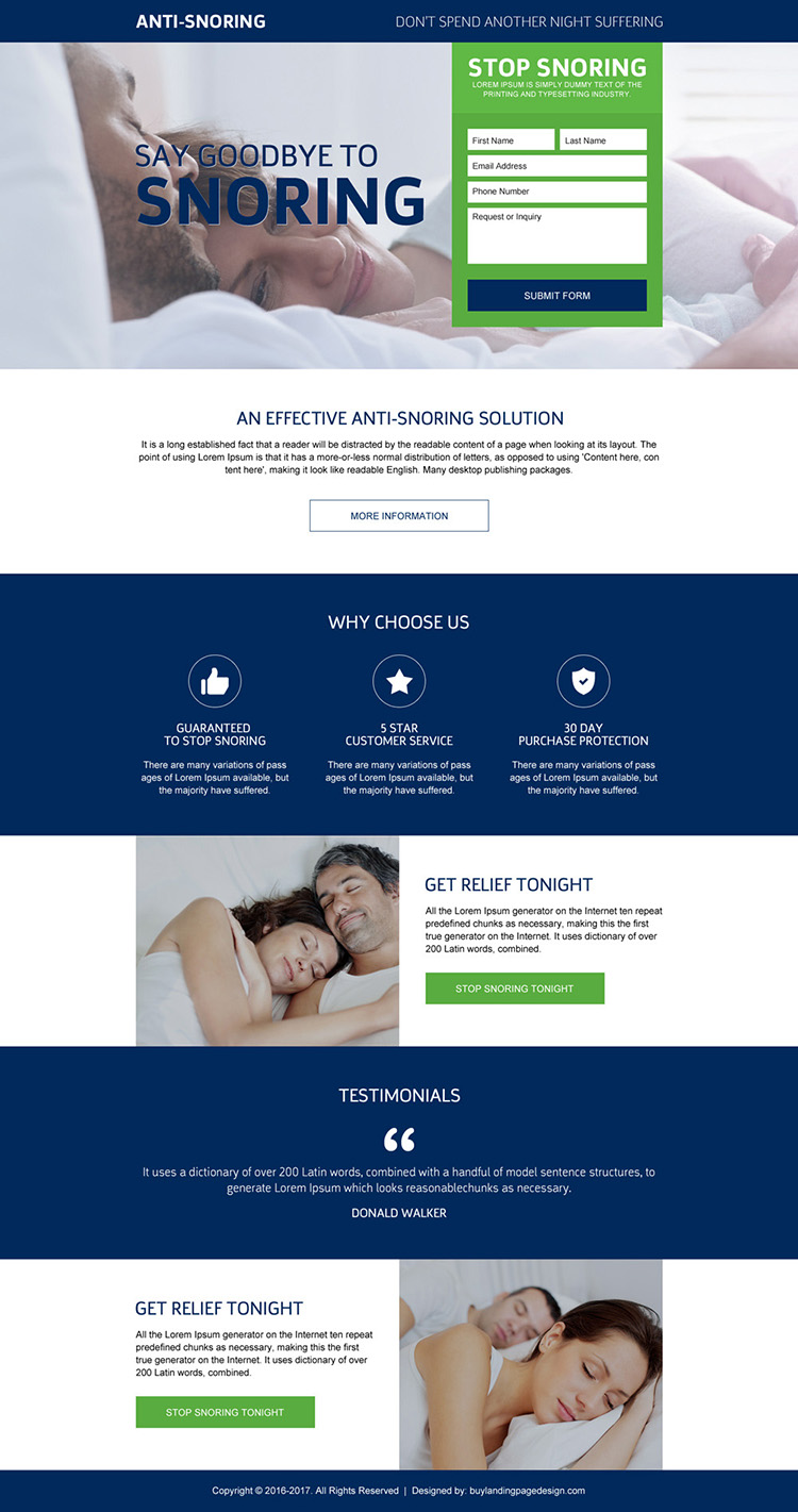 effective anti snoring solution landing page design