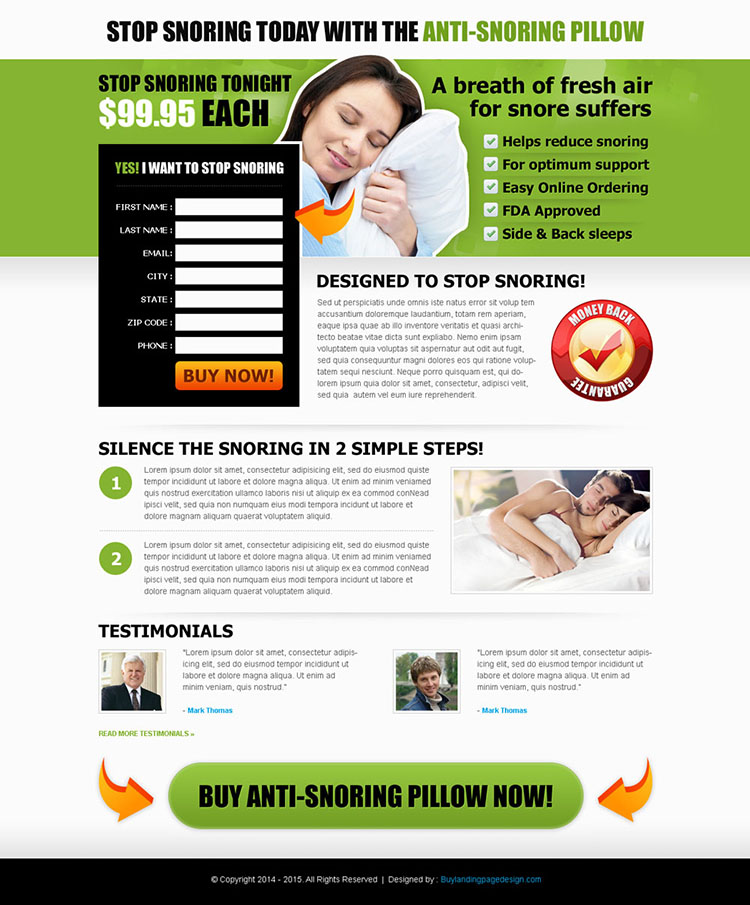 anti snoring pillow landing page design