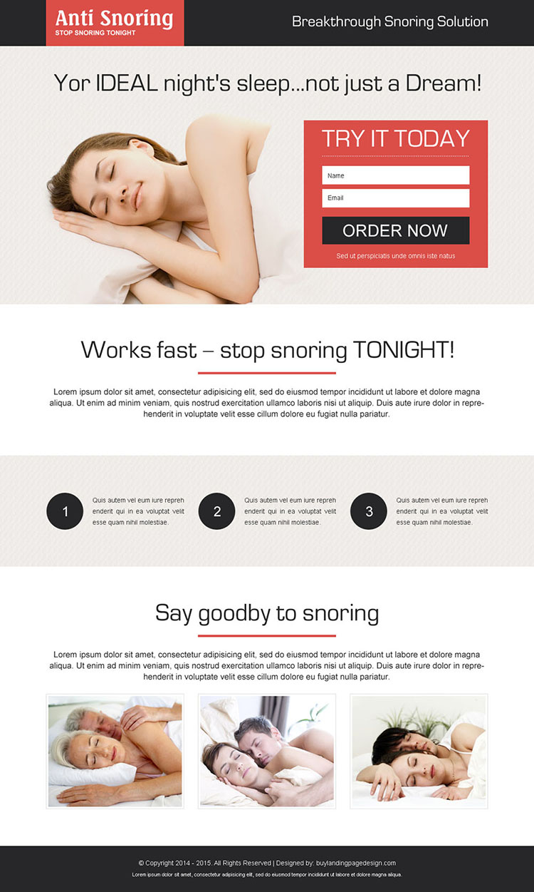 stop snoring lead capture landing page design templates