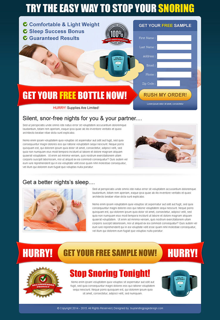 stop your snoring free bottle lead capture user friendly landing page design