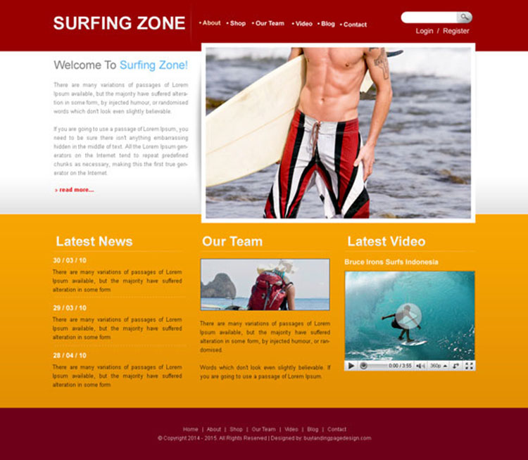 surfing zone clean and attractive website template design psd