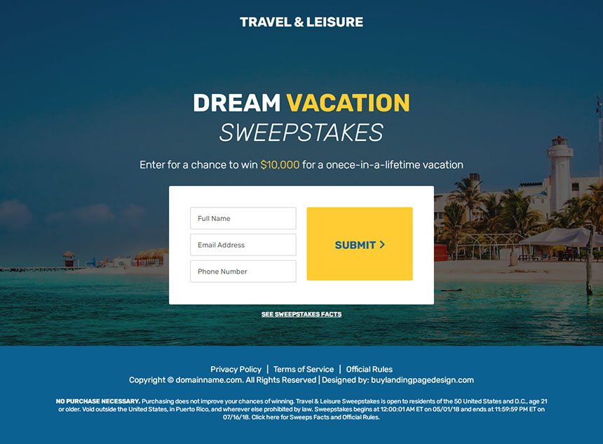 dream vacation sweepstake landing page