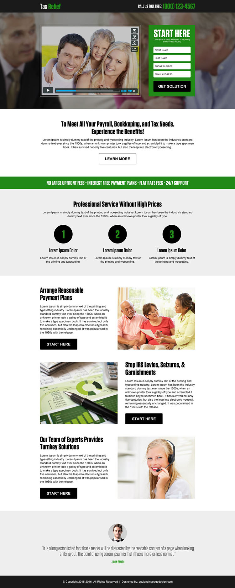 tax relief lead generating responsive video landing page design