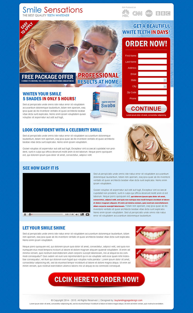 teeth whitening product free package offer order lead capture page