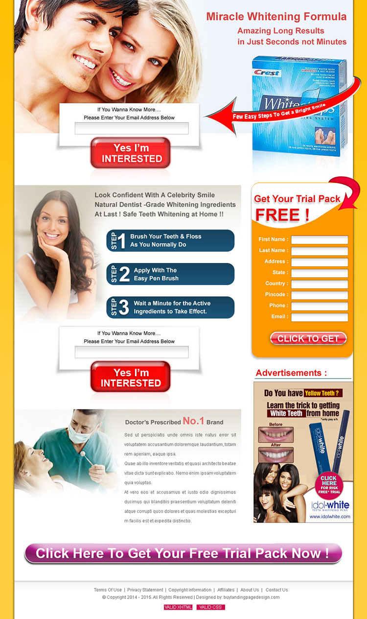 clean and converting teeth whitening product lead capture landing page design for sale