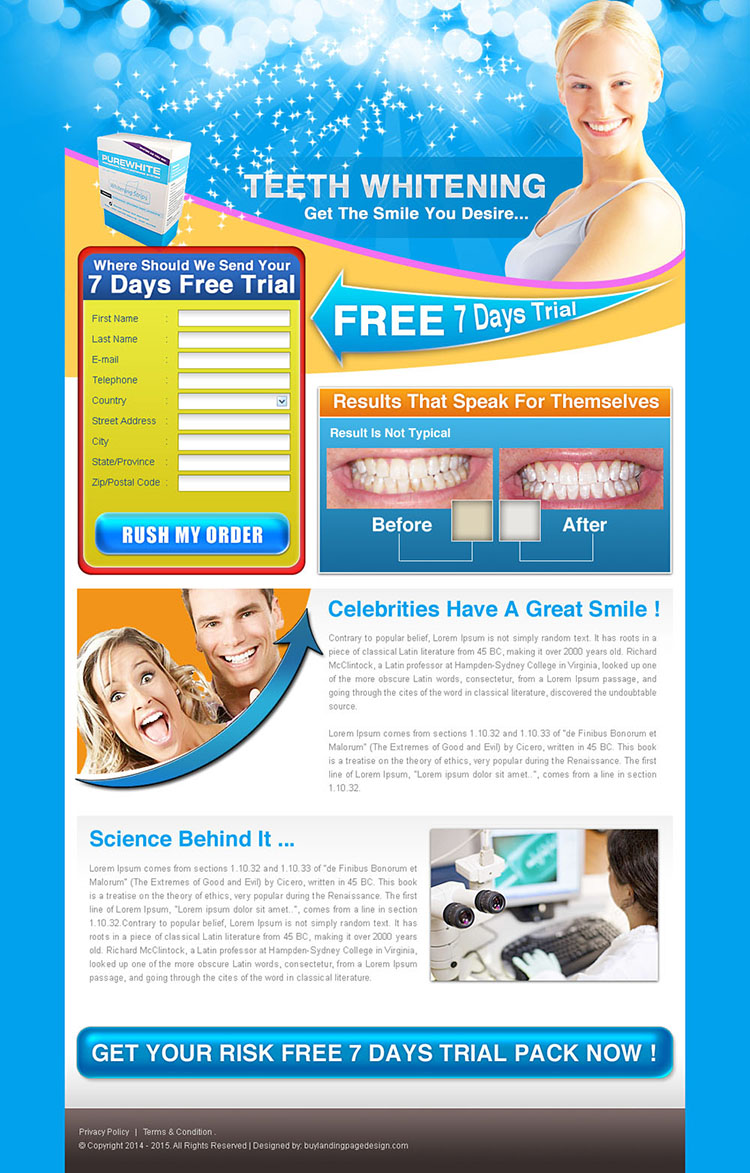 teeth whitening free trial offer lead capture landing page design for sale