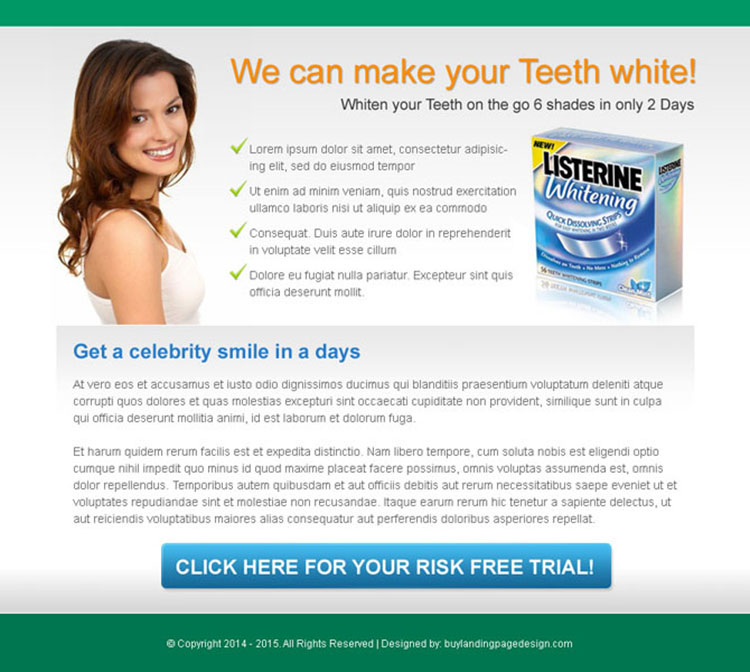 teeth whitening product risk free trial call to action ppv landing page design