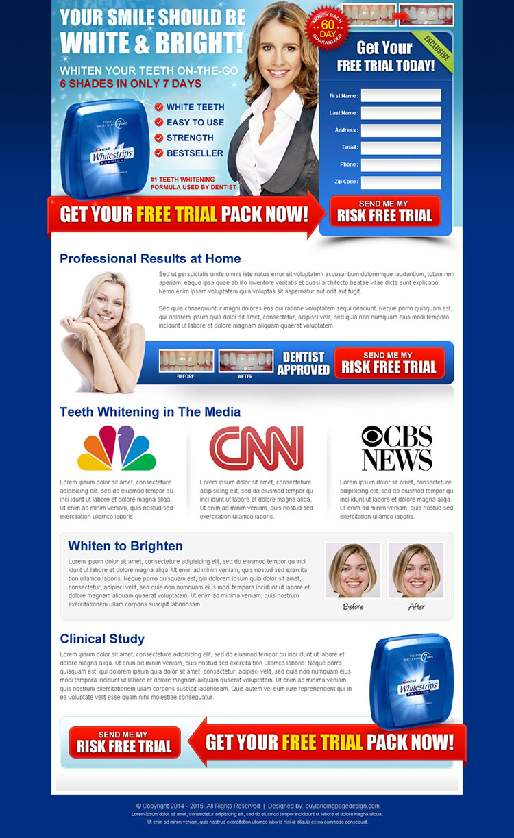 white and bright trial lead capture teeth whitening landing page design