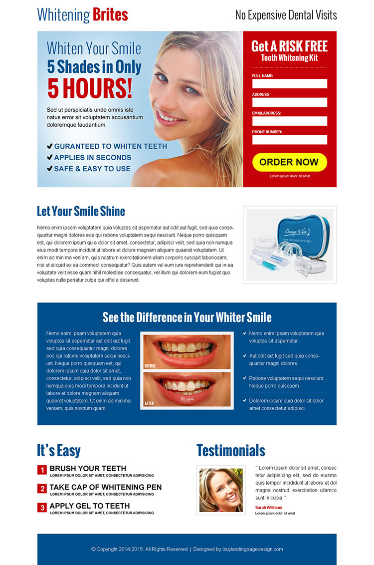 clean and converting lead capture squeeze page design for teeth whitening product