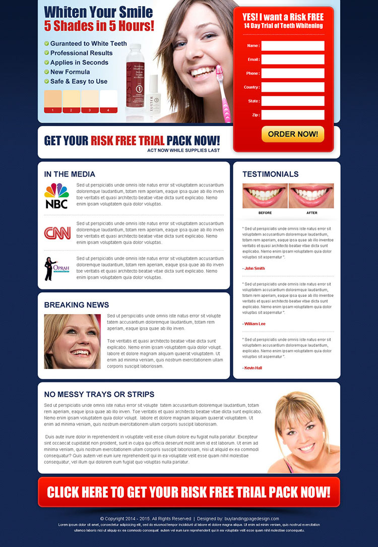 whiten your smile risk free trial kit lead capture html landing page design