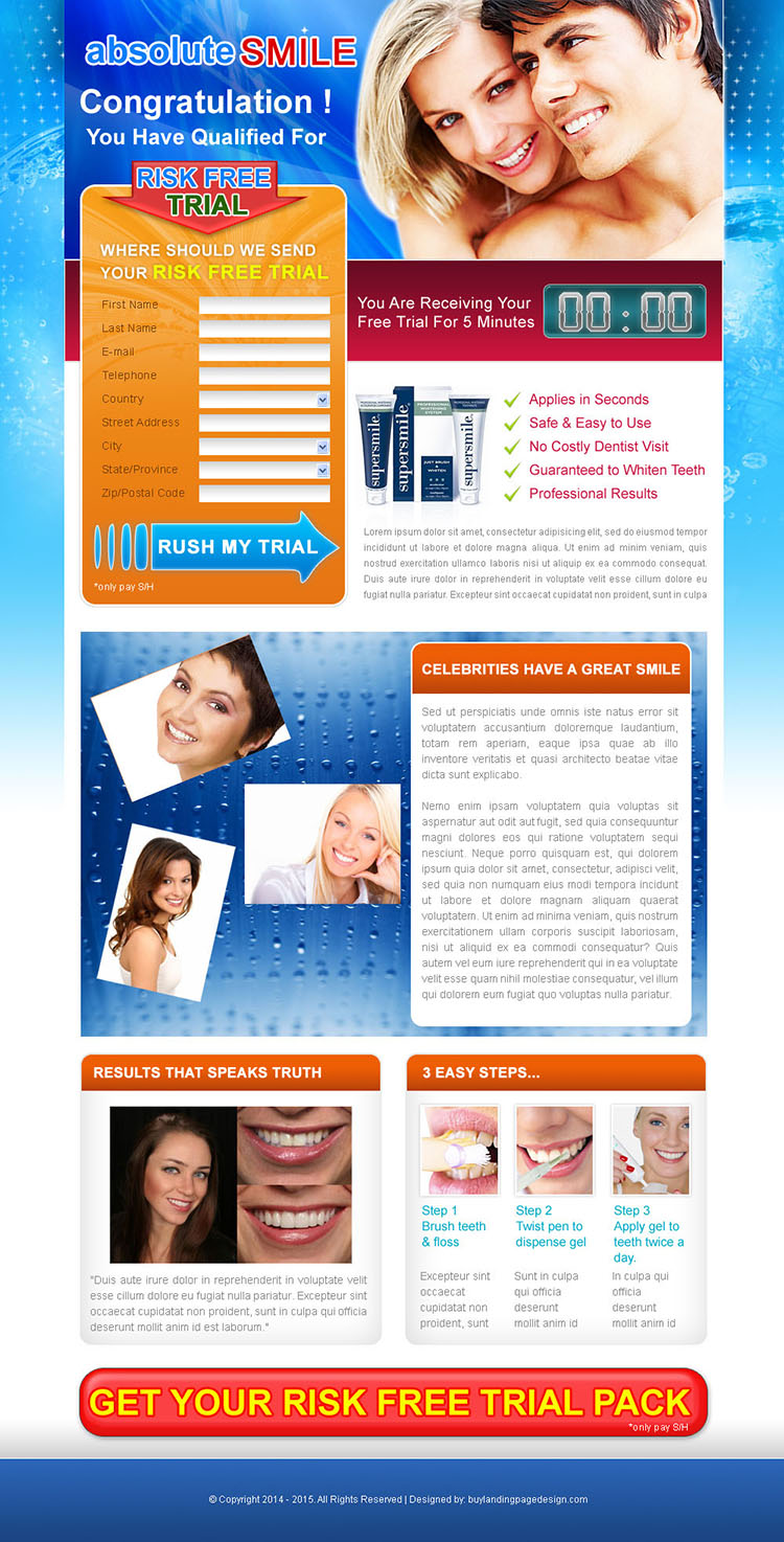 teeth whitening risk free trial lead capture landing page design template for sale