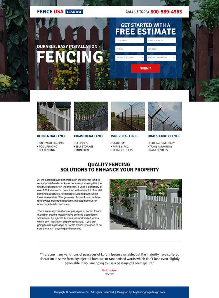 responsive american fencing company landing page design