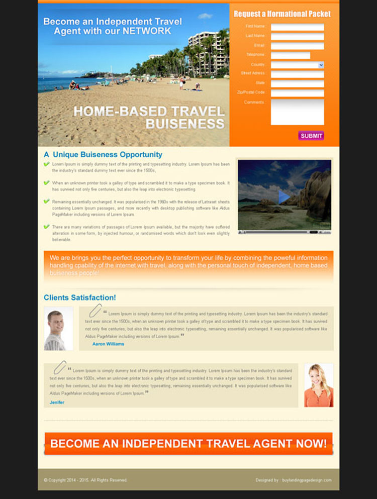home based travel business lead capture landing page for sale