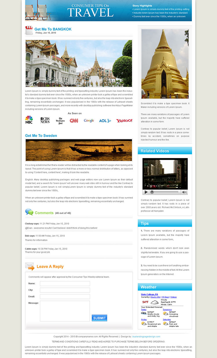 flog style travel landing page design template