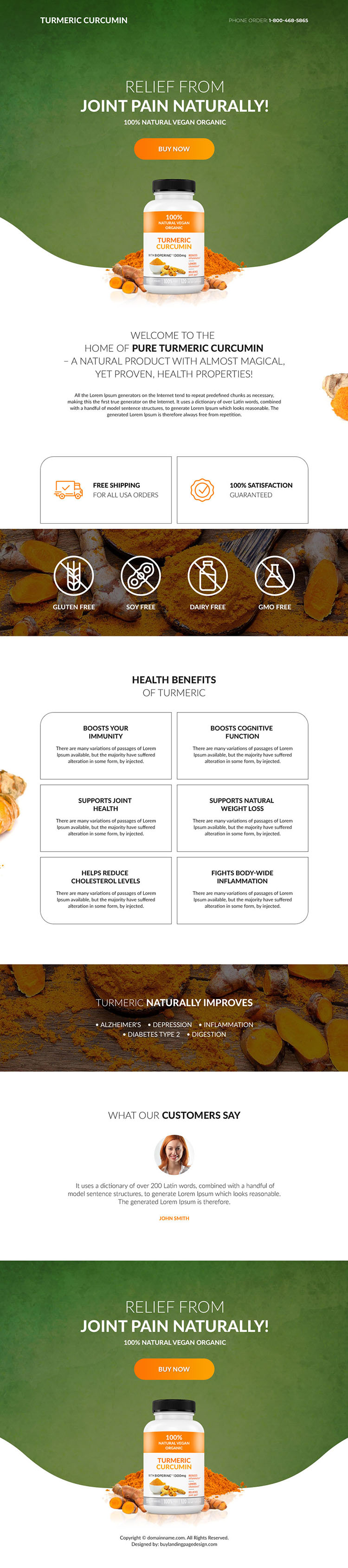 turmeric curcumin pain relief product selling responsive landing page design