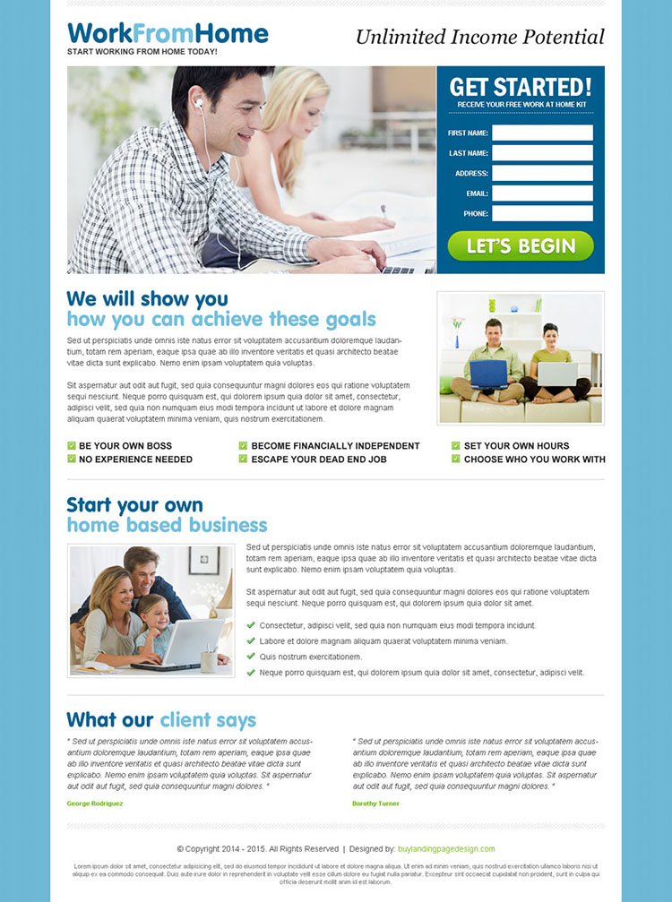 unlimited income by doing work from home opportunity lead capture landing page design template