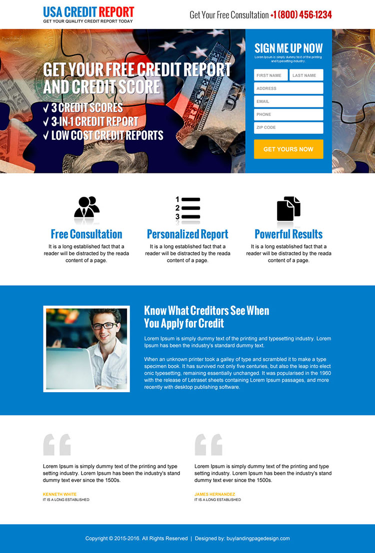 usa sign up credit report lead generating landing page design