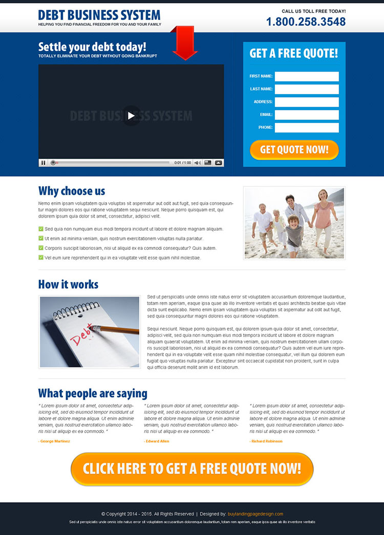 video landing page design for debt business system