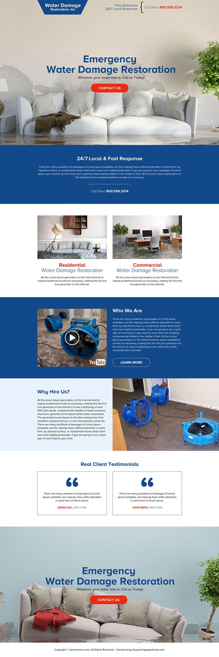 water damage restoration best call to action modern landing page