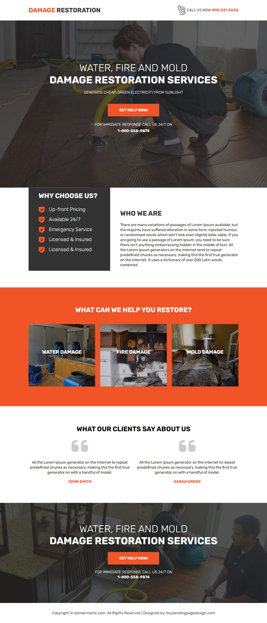 emergency damage restoration service lead capture landing page