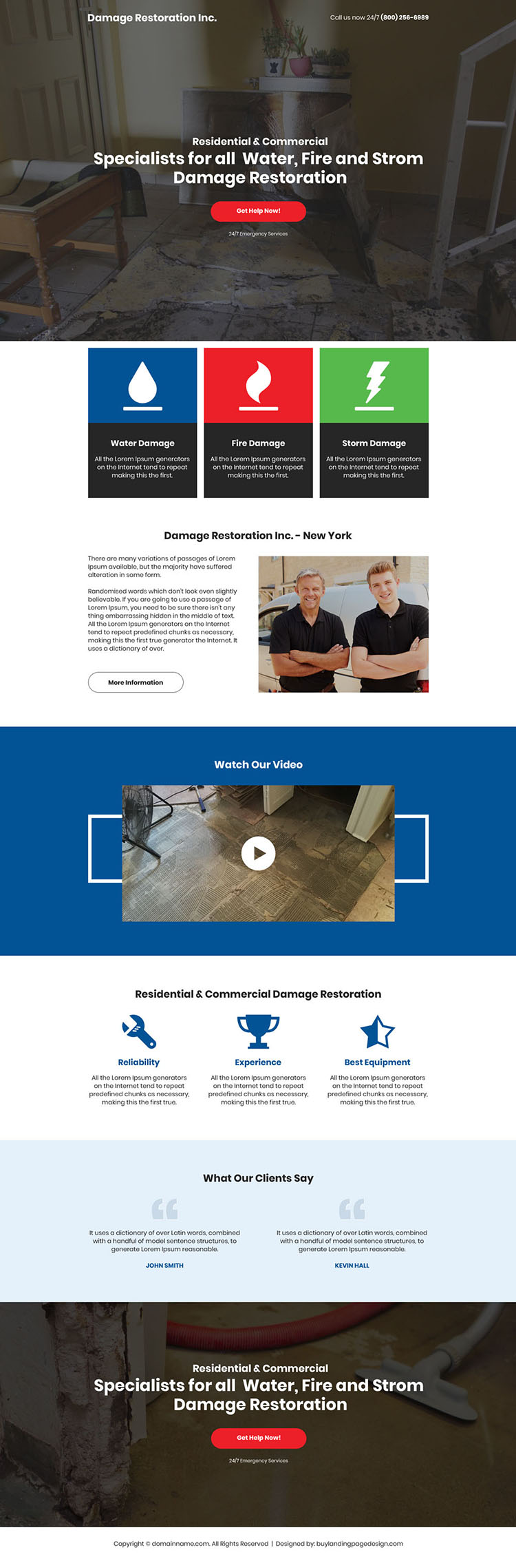 professional damage restoration company landing page design