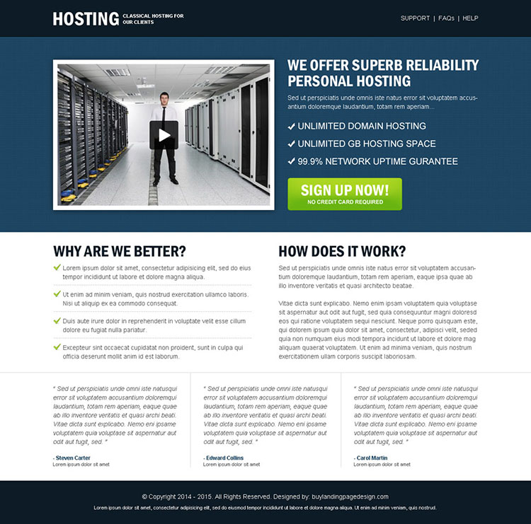 reliability personal hosting call to action clean and user friendly landing page design