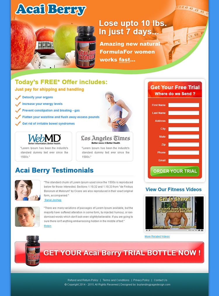 creative acai berry trial lead generating weight loss landing page design for sale