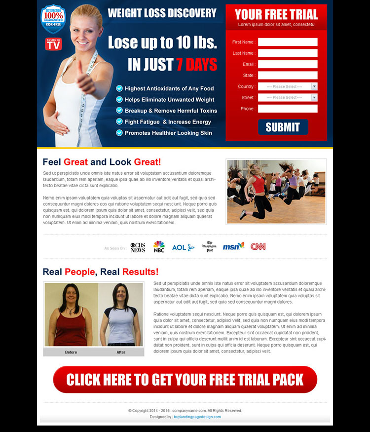 weight loss product free trial landing page design templates