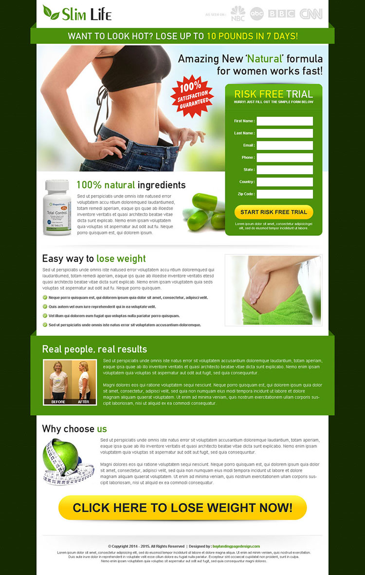 slim life weight loss product lead capture converting landing page design