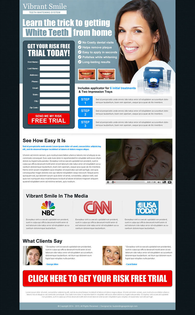 vibrant smile risk free trial lead capture landing page to boost your traffic and leads