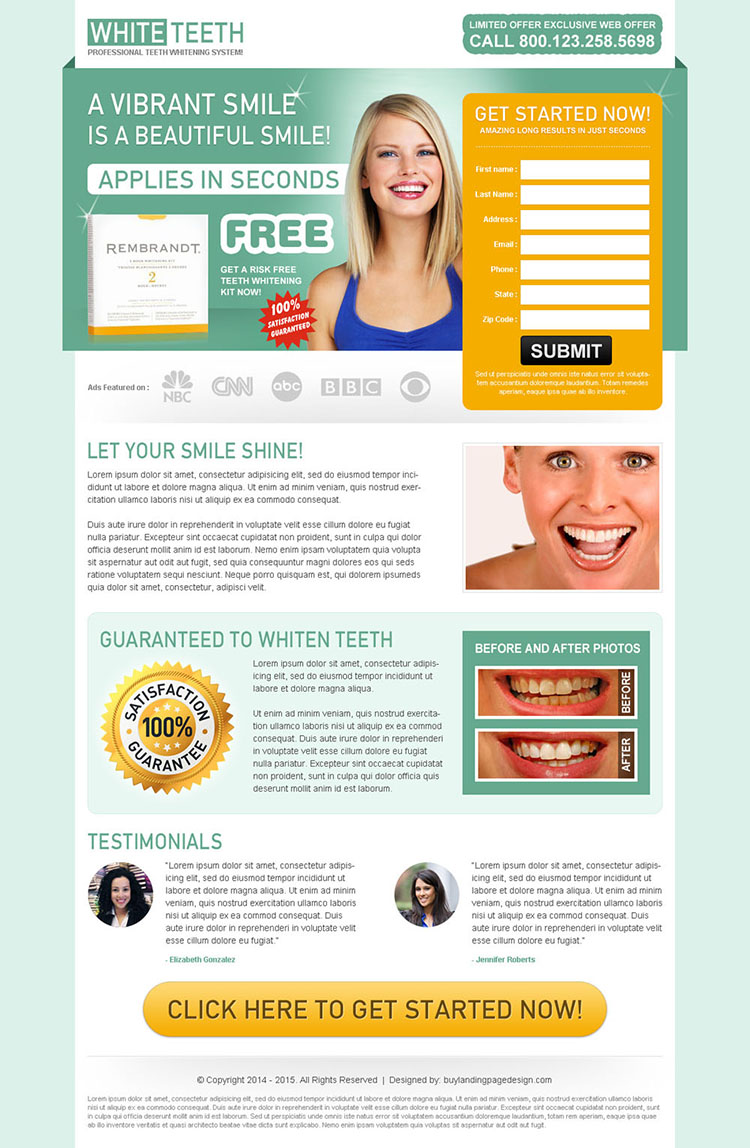 teeth whitening clean and user friendly long lead capture landing page