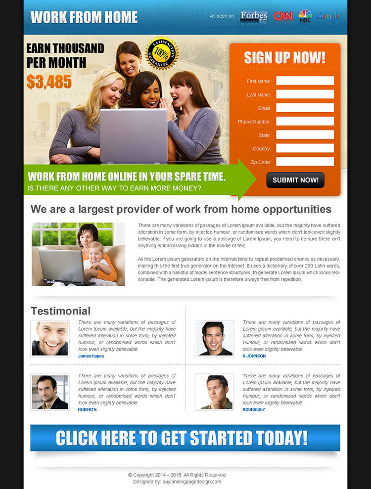 work from home in your spare time converting squeeze page design