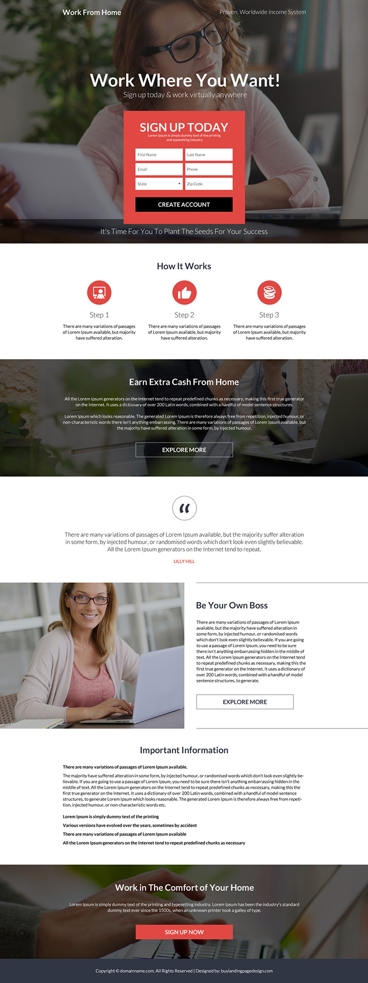 work from home sign up capturing bootstrap landing page