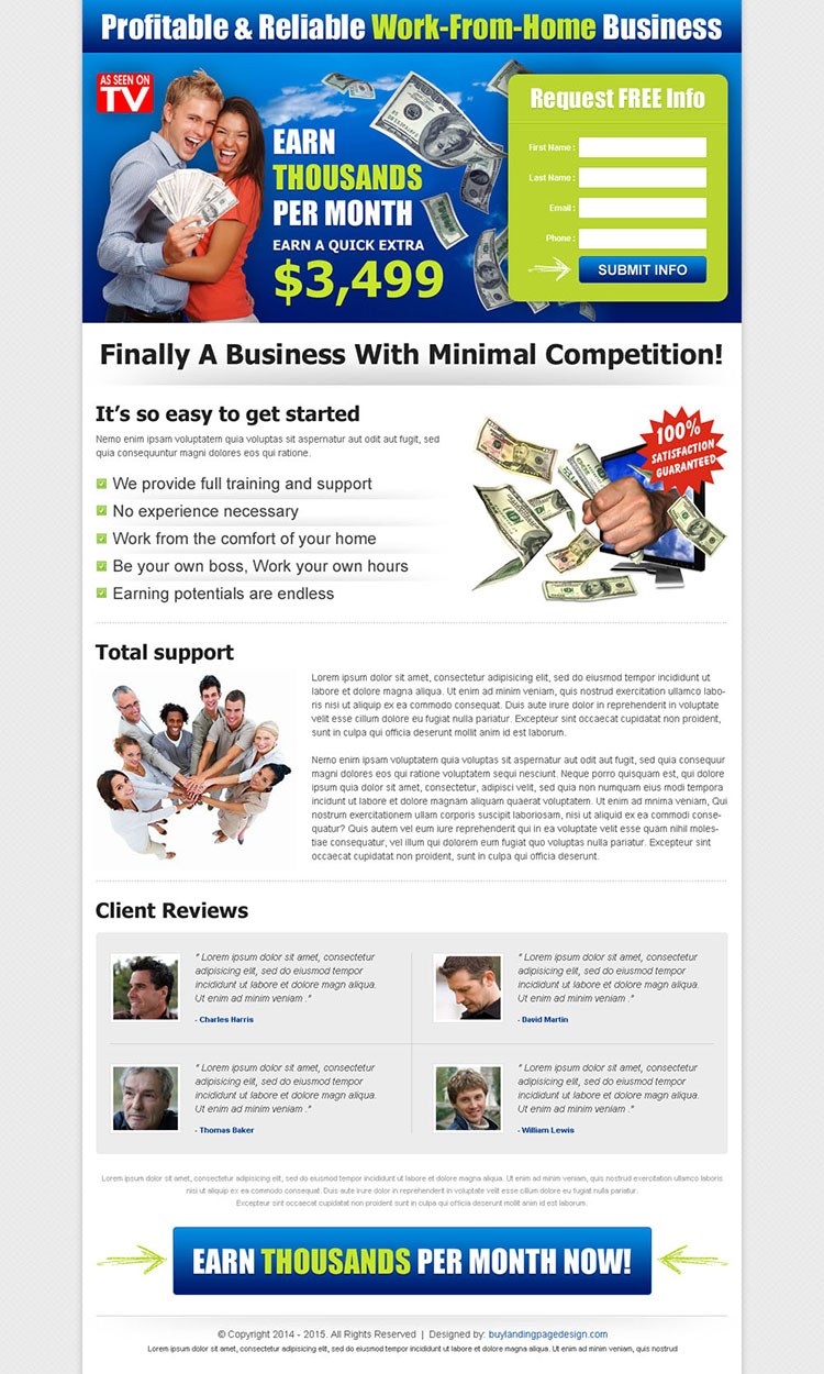 profitable and reliable work from home business converting landing page
