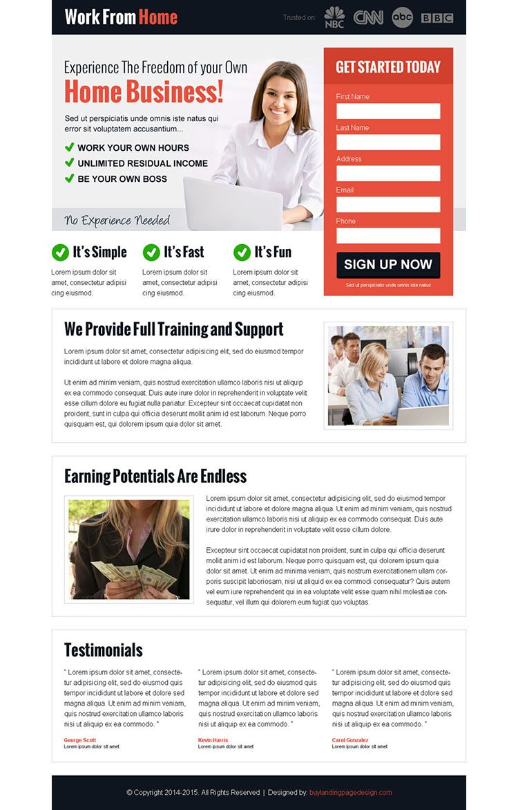 experience the freedom of your own home business lead capture landing page design