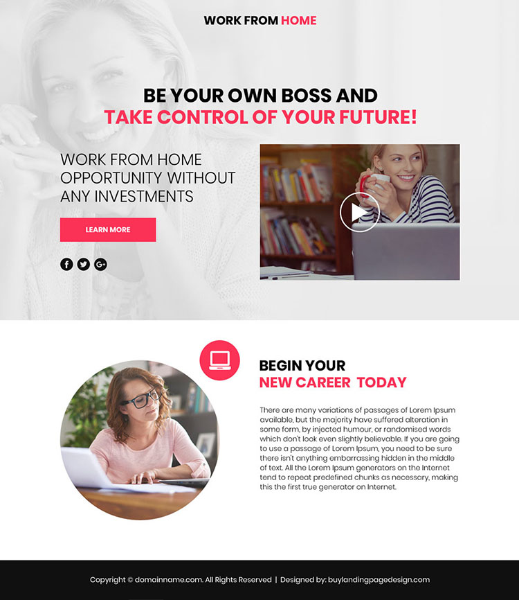 work from home lead funnel video responsive landing page