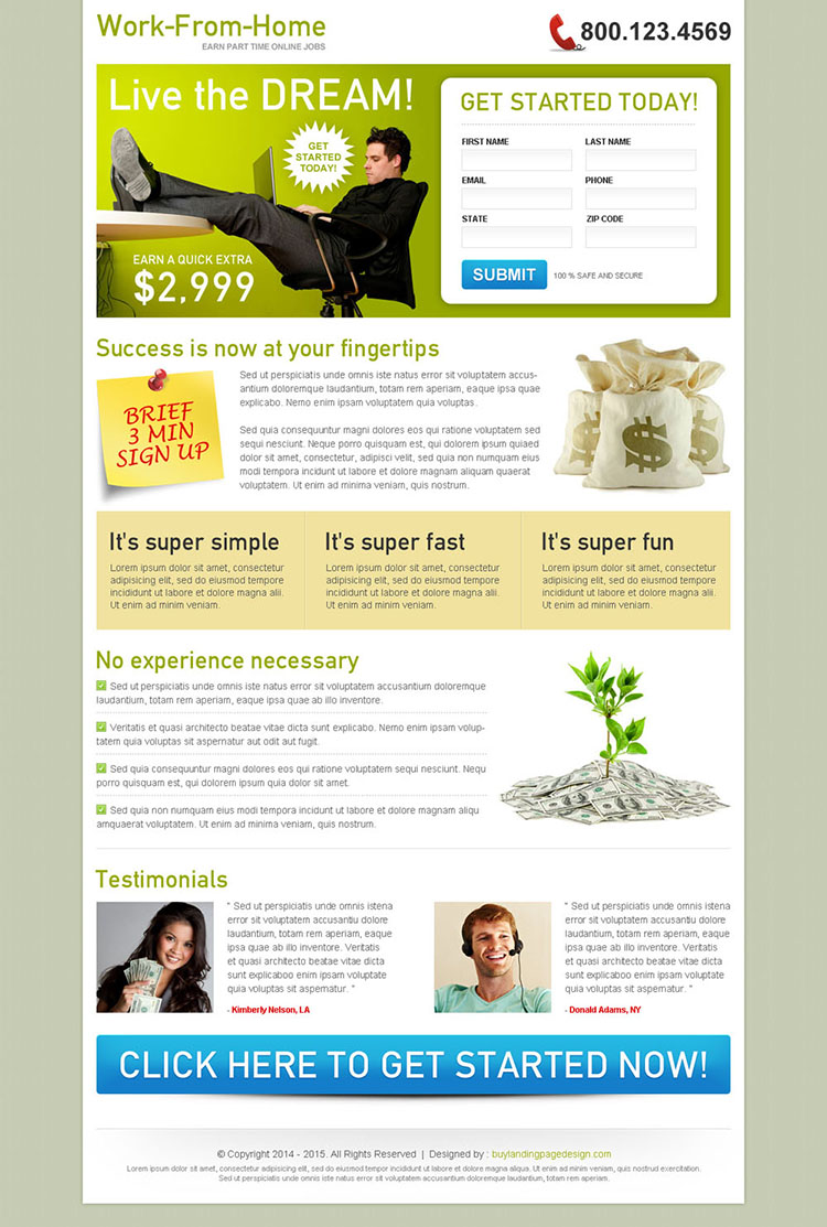 work from home 2 column clean and converting squeeze page design