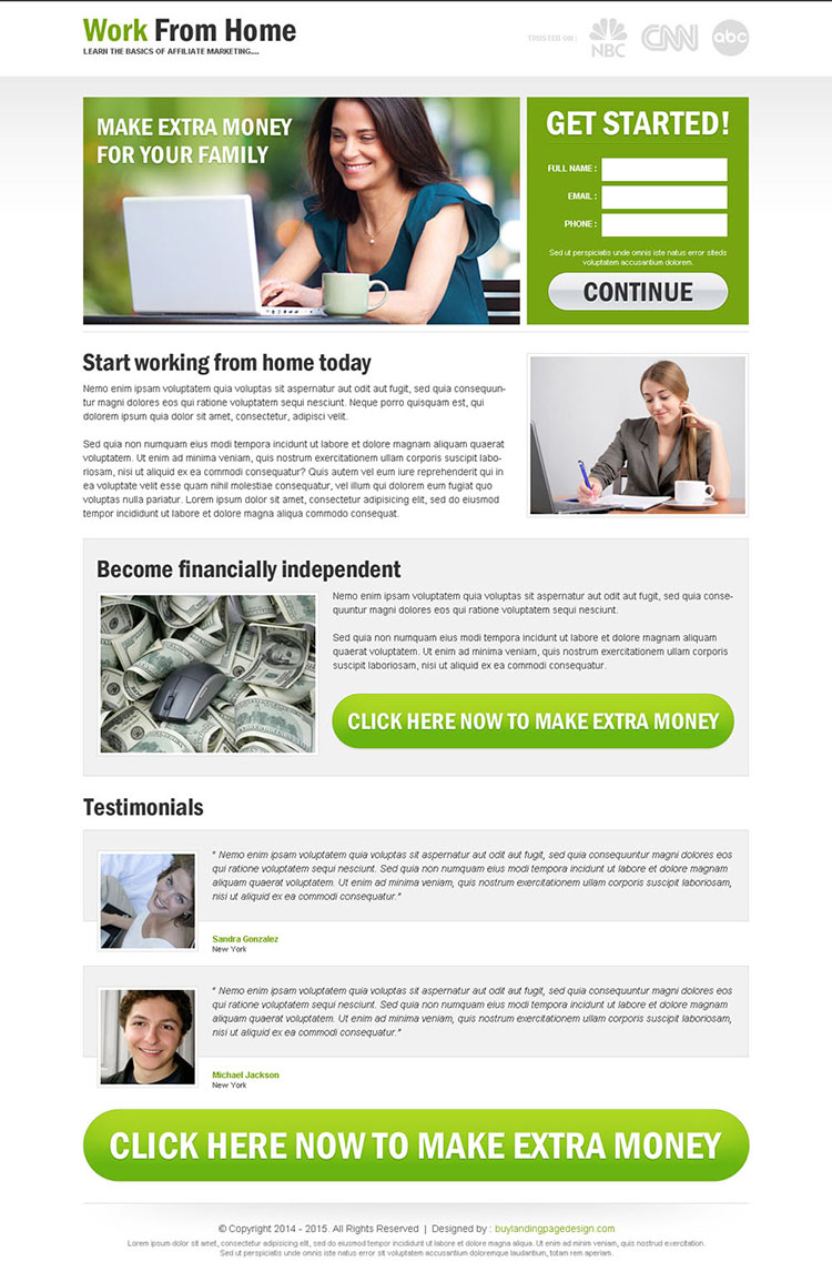 work from home to earn extra money lead capture responsive and converting landing page design template