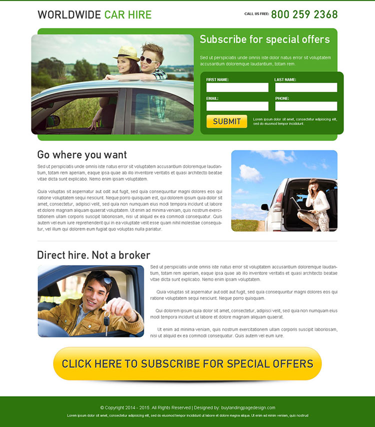 worldwide car hire clean and effective lead capture squeeze page design