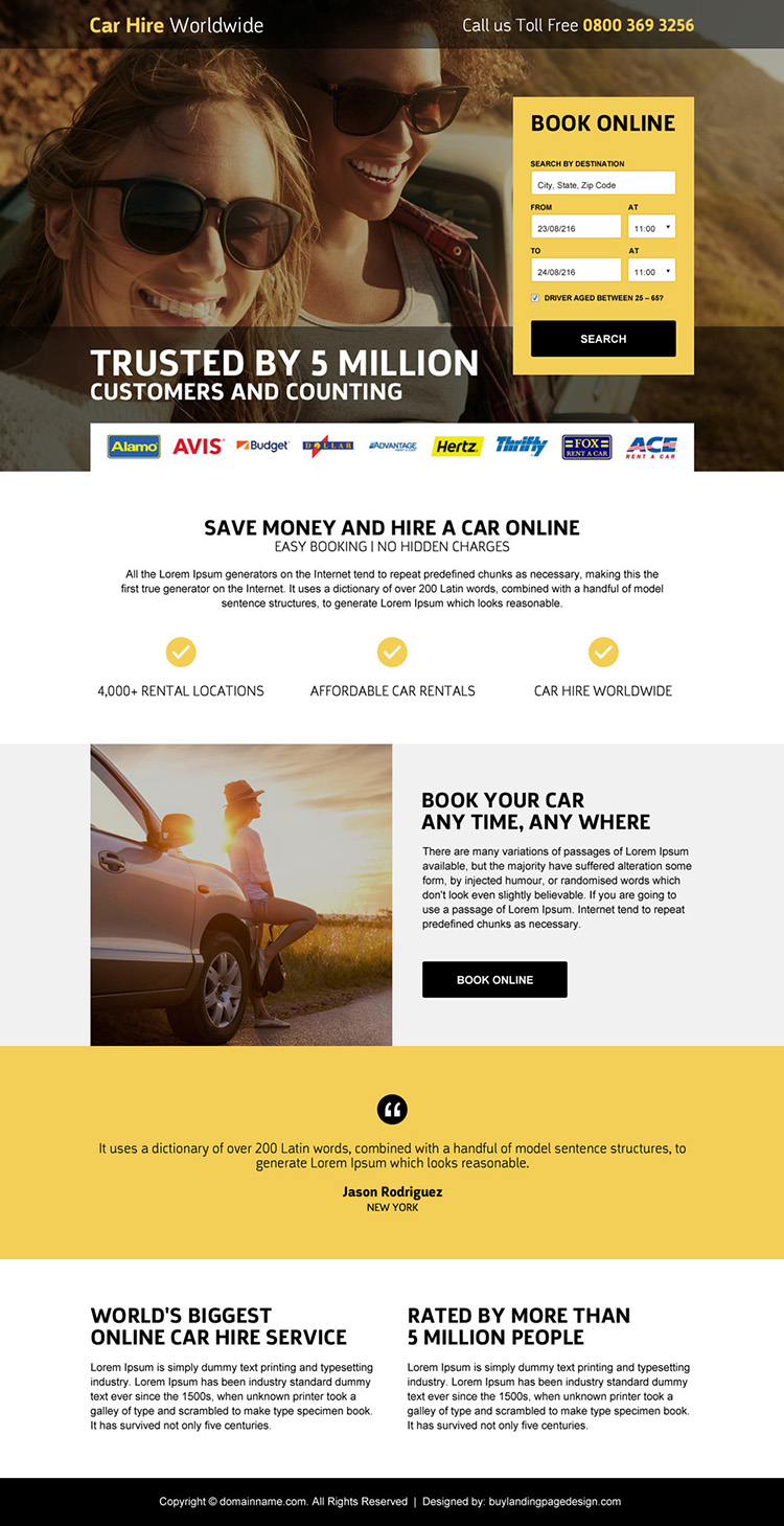 car hire searching responsive landing page design